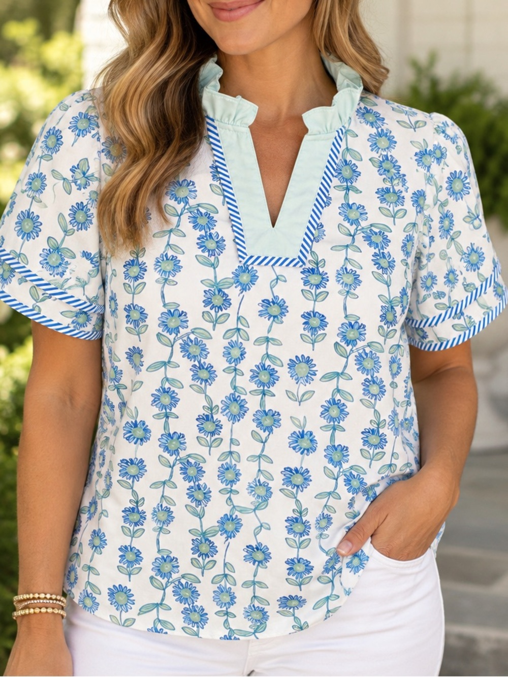 Blue Green Floral Daisy Ruffle Neck Blouse Top Size XL